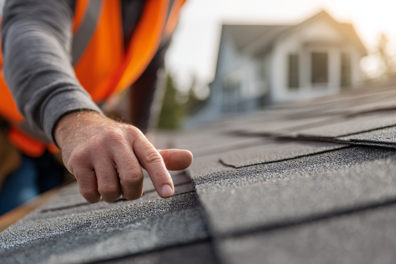 Close-up of a roofing professional in orange vest