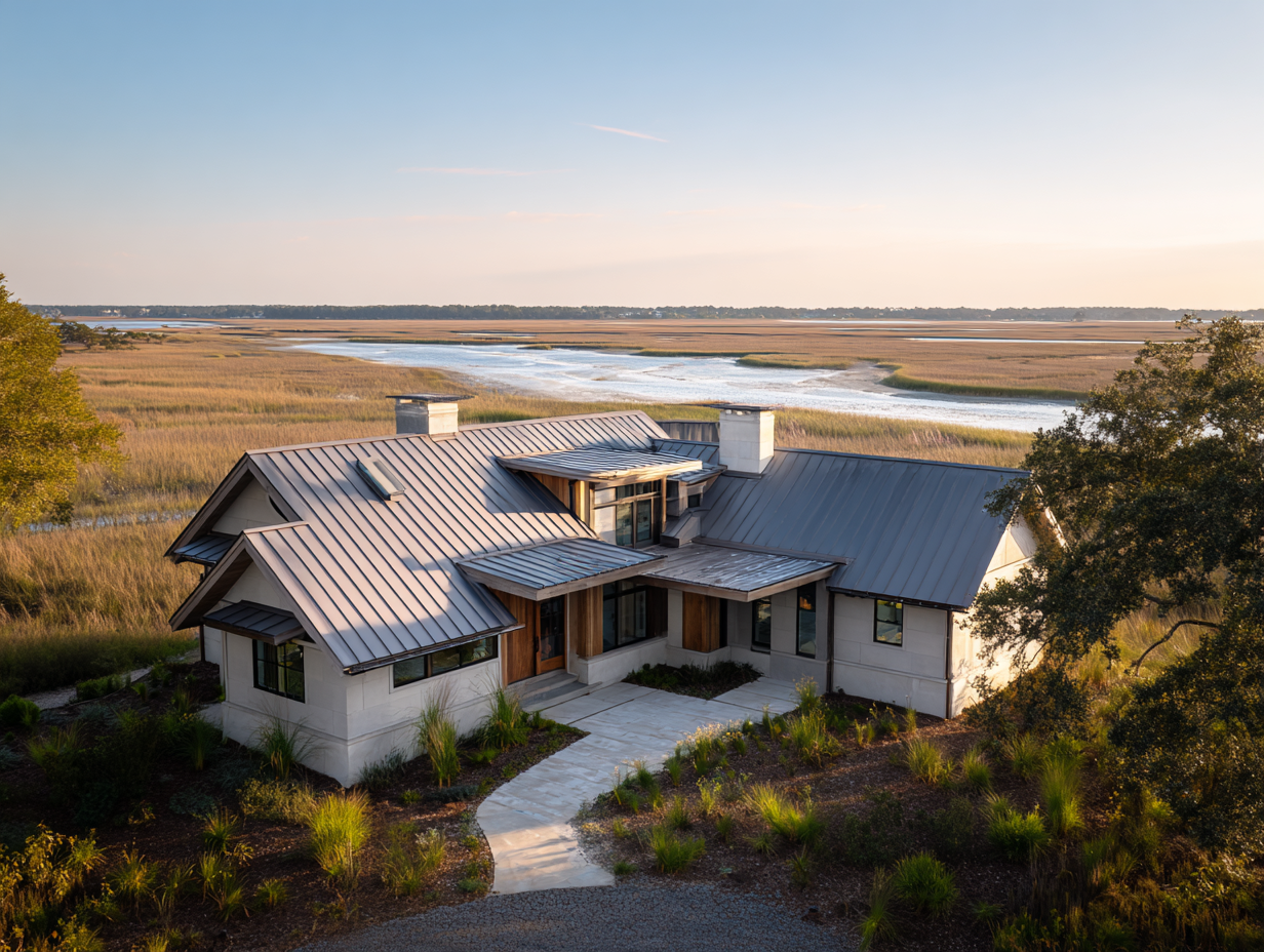 Dramatic wide shot of a completed standing seam