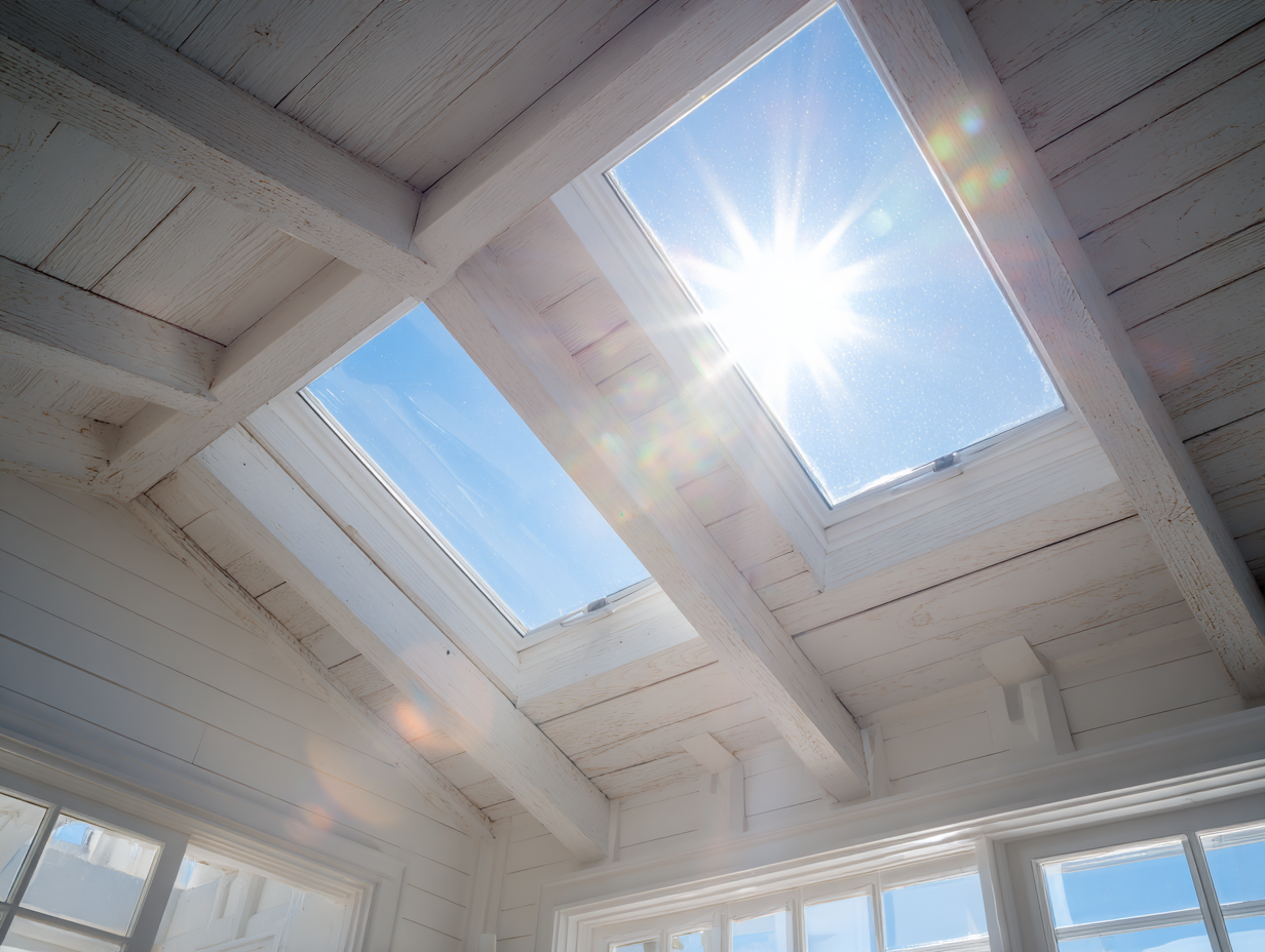 Interior view looking up through two VELUX skyligh