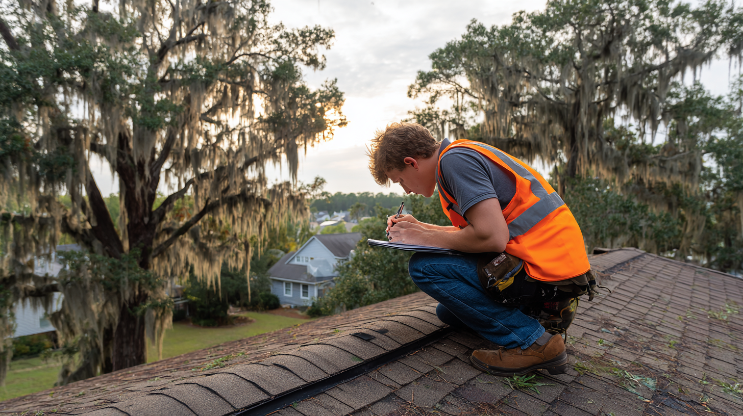 Professional roofer in orange vest crouching on