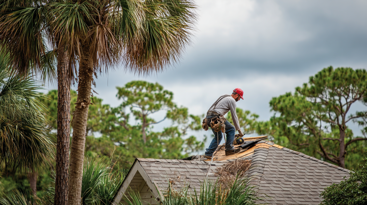 Roofer repairing storm-damaged shingles on a resid