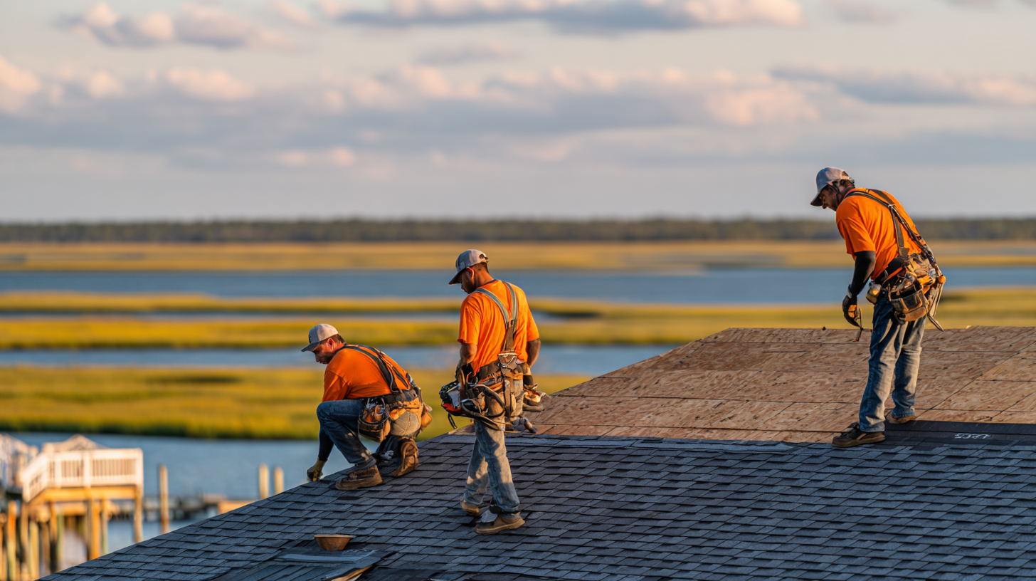 Roofing crew of three workers installing GAF archi