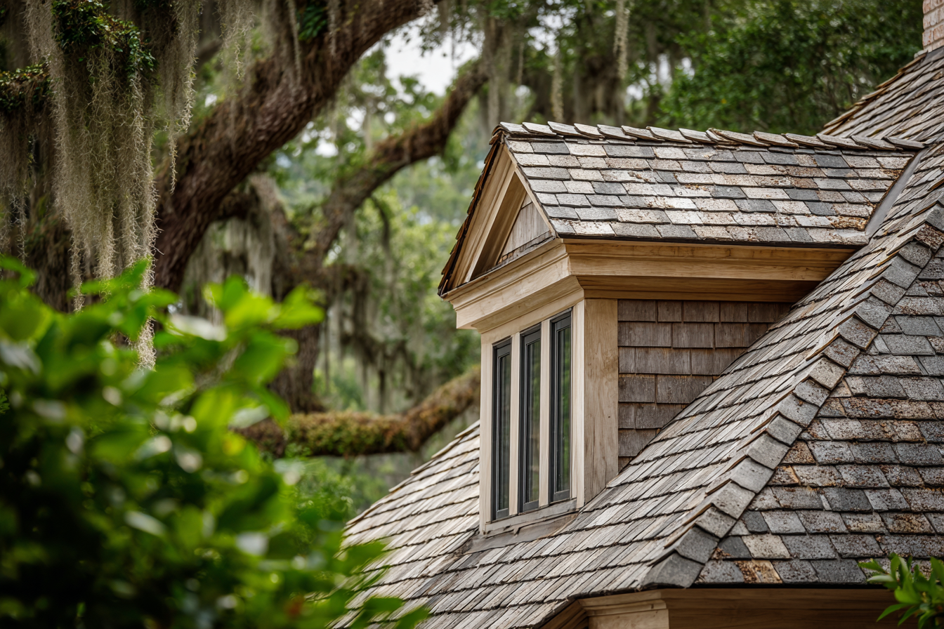 Side-by-side view of a worn aging roof with curlin