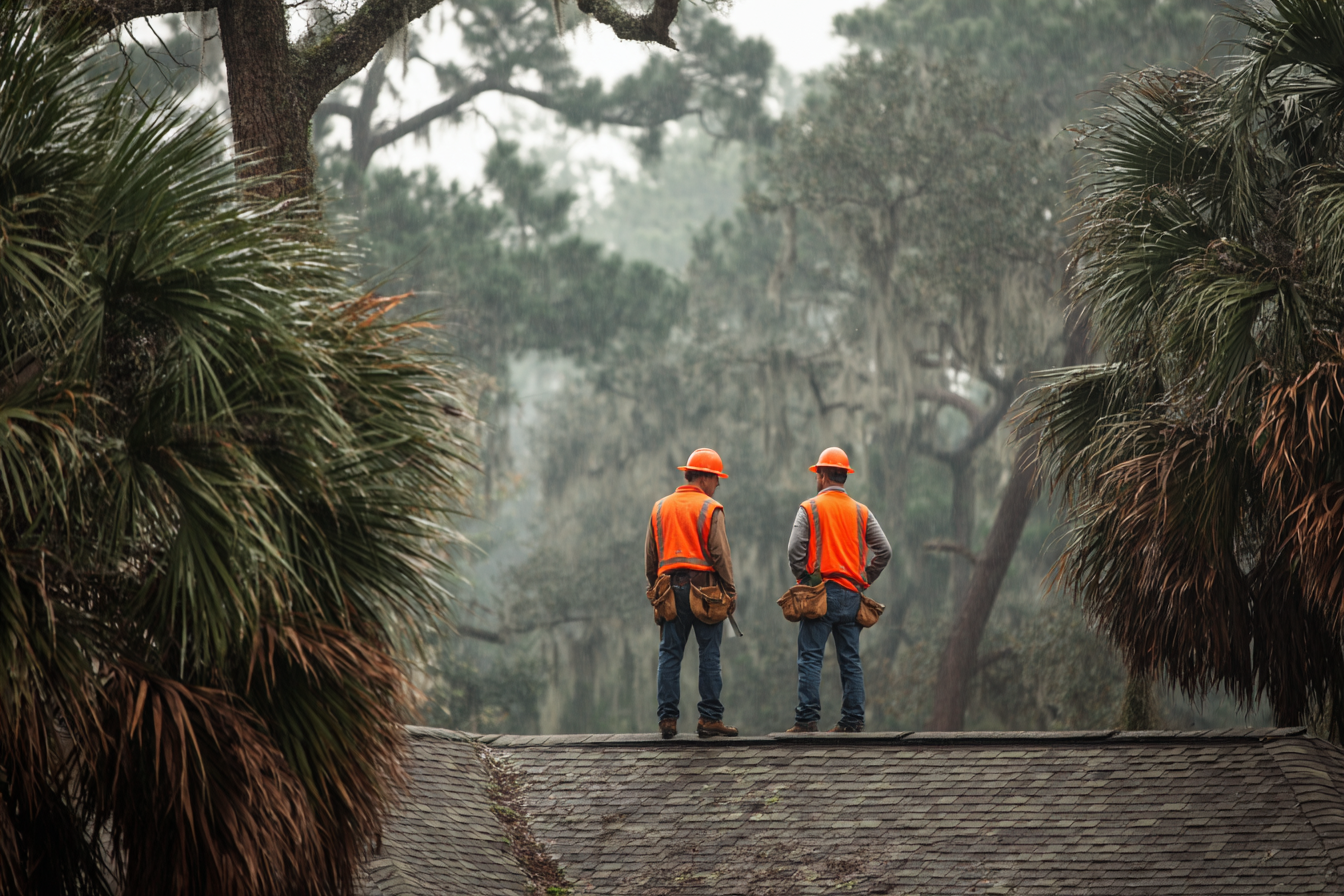 Two roofers in orange safety vests and hard hats