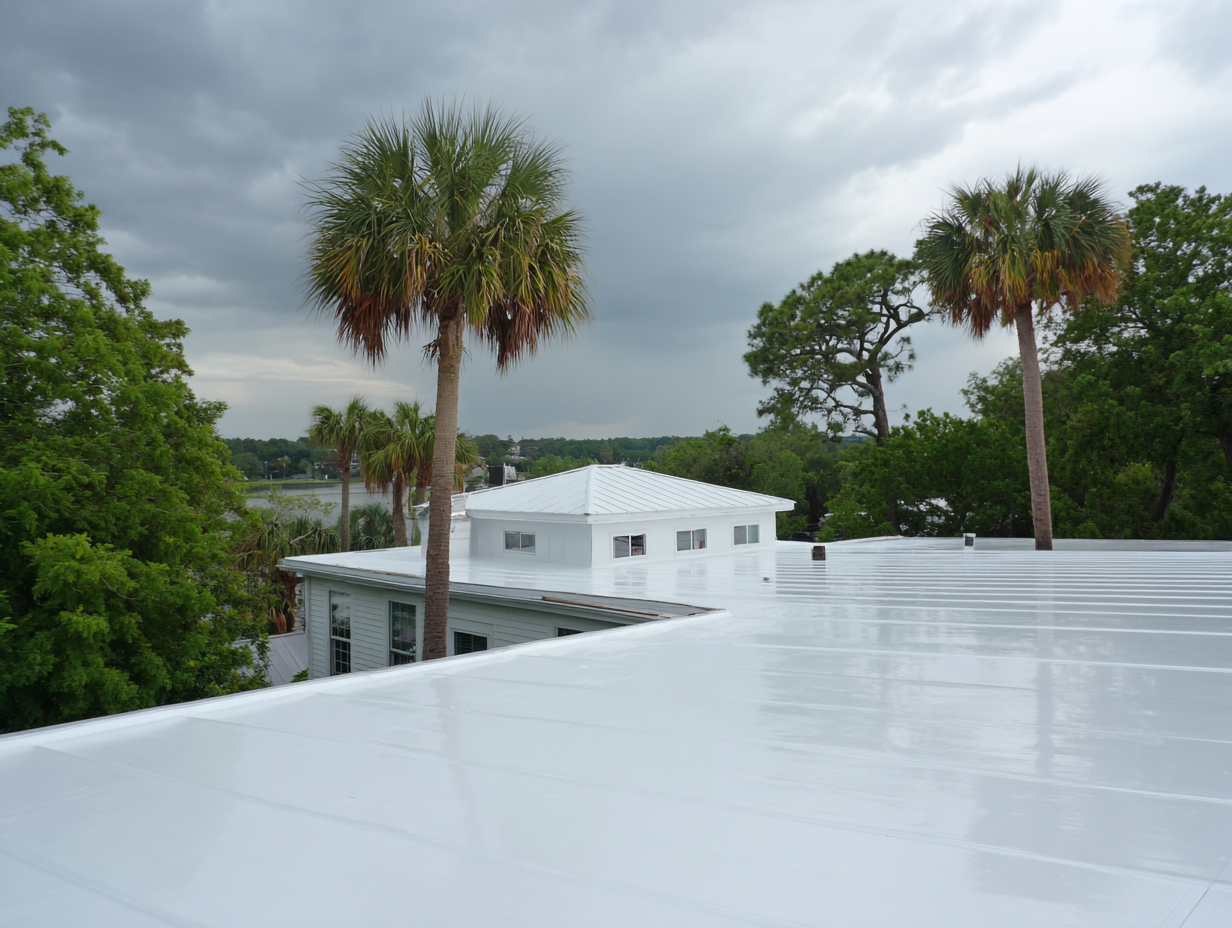 Wide flat TPO membrane roof on a low-slope residen
